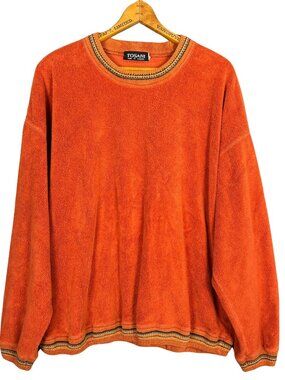 Vintage 90s Terry Cloth Sweater Tosani Orange Embroidered Oversized